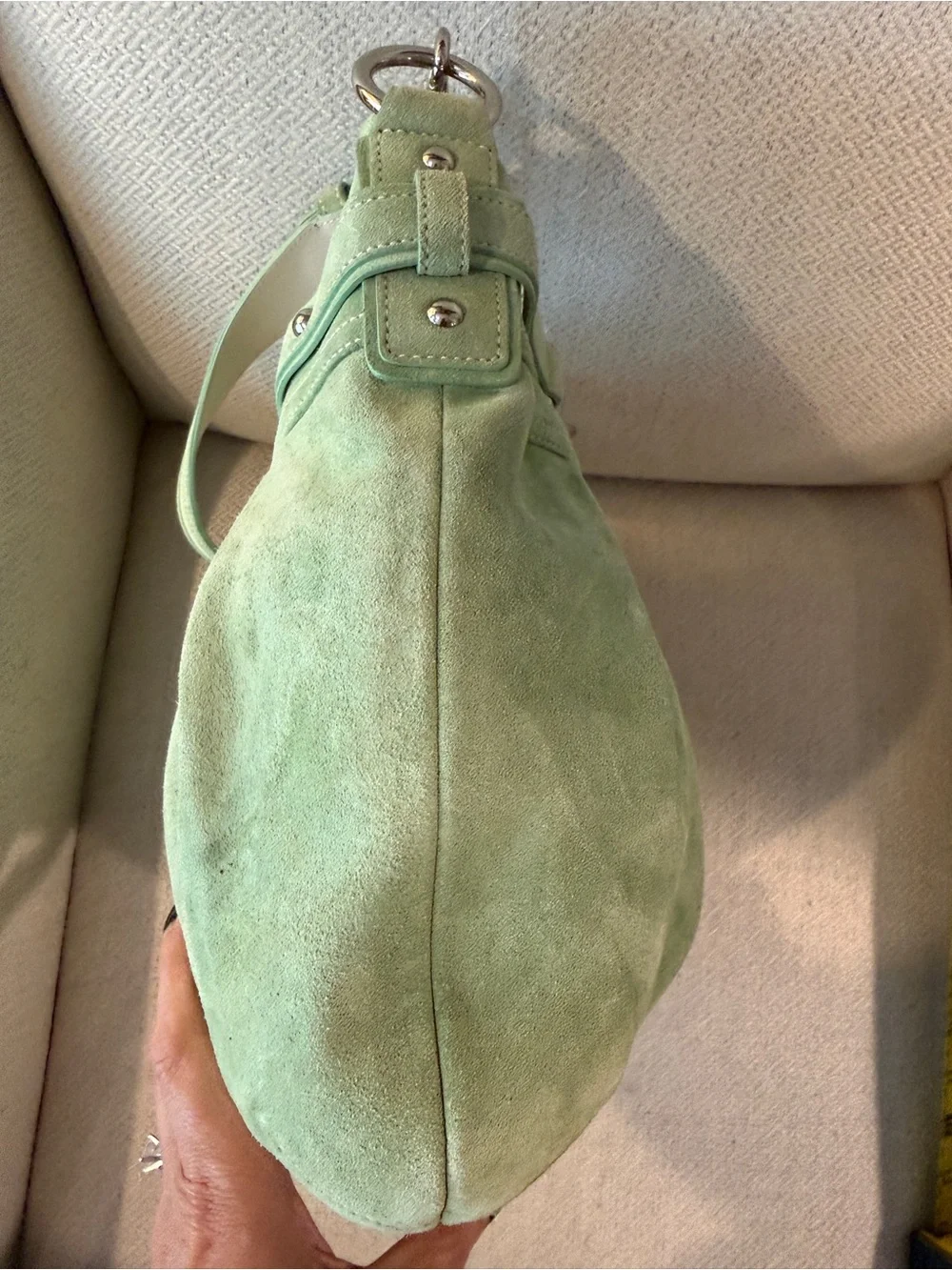 Coach Pale Green Suede Hobo with Silver Hardware